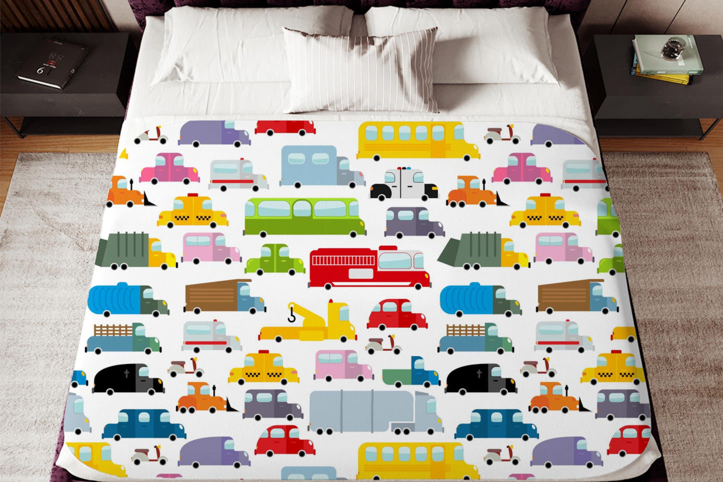 Colorful Vehicle Pattern Sherpa Throw Blanket Kids Transportation Design