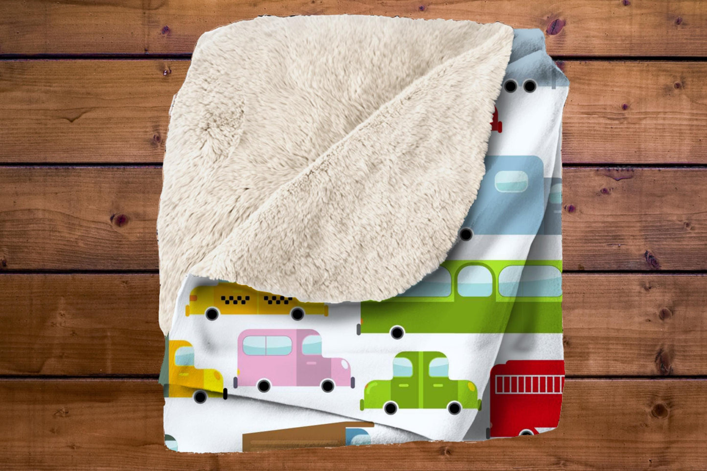 Colorful Vehicle Pattern Sherpa Throw Blanket Kids Transportation Design