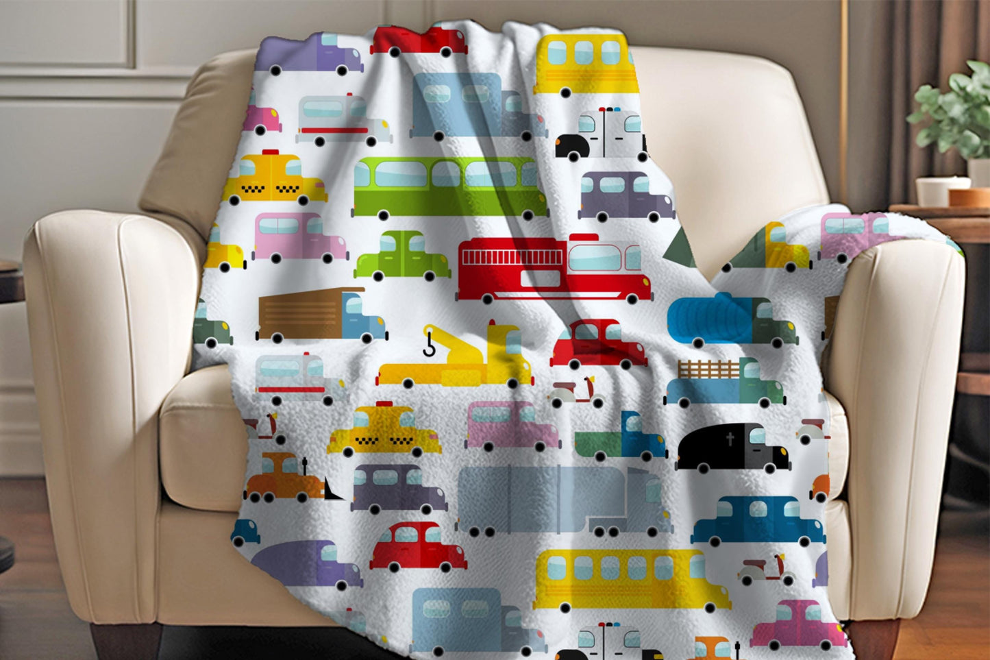 Colorful Vehicle Pattern Sherpa Throw Blanket Kids Transportation Design
