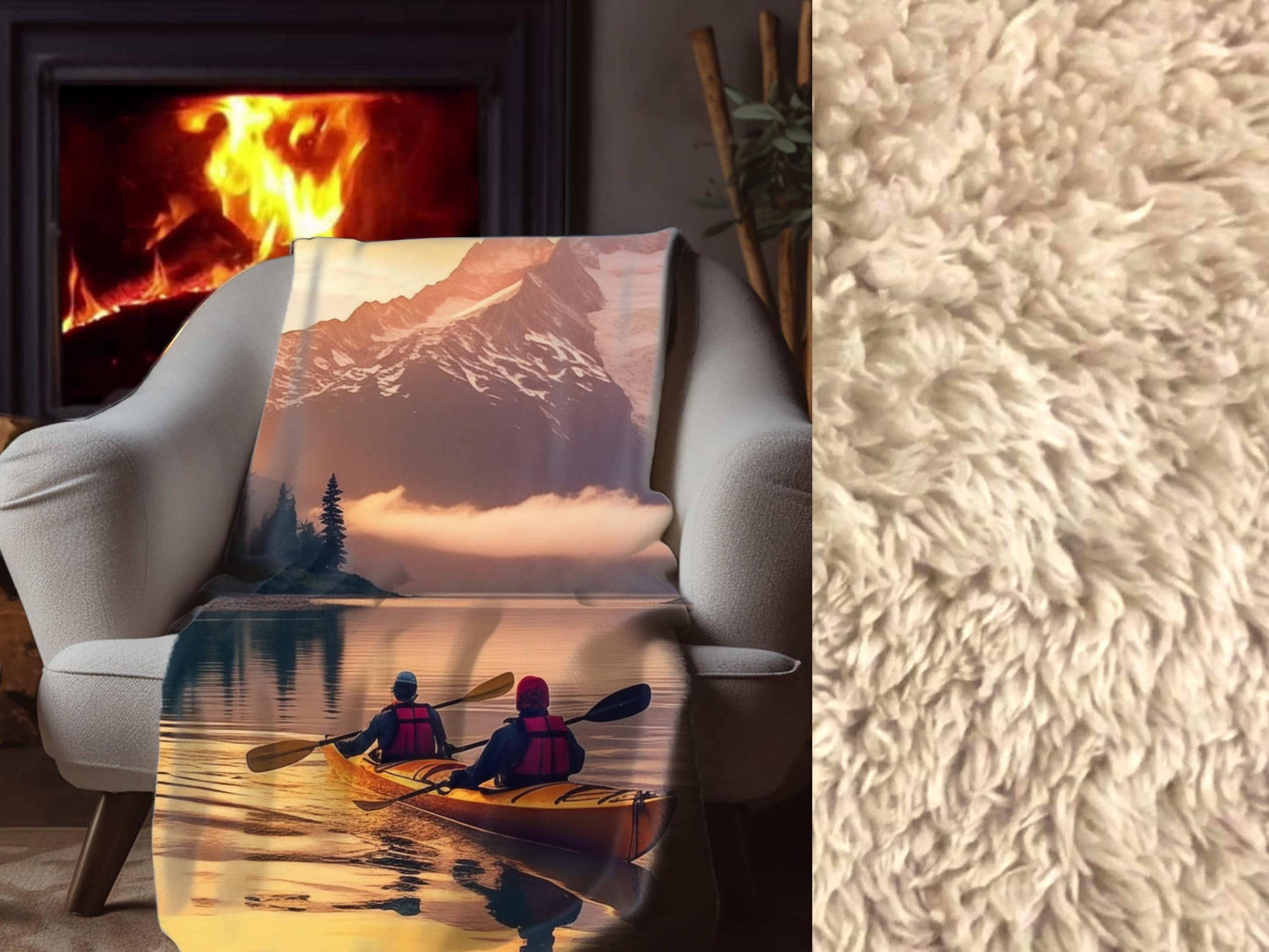 Mountain Sunset Kayaking Sherpa Throw Blanket Scenic Adventure Design