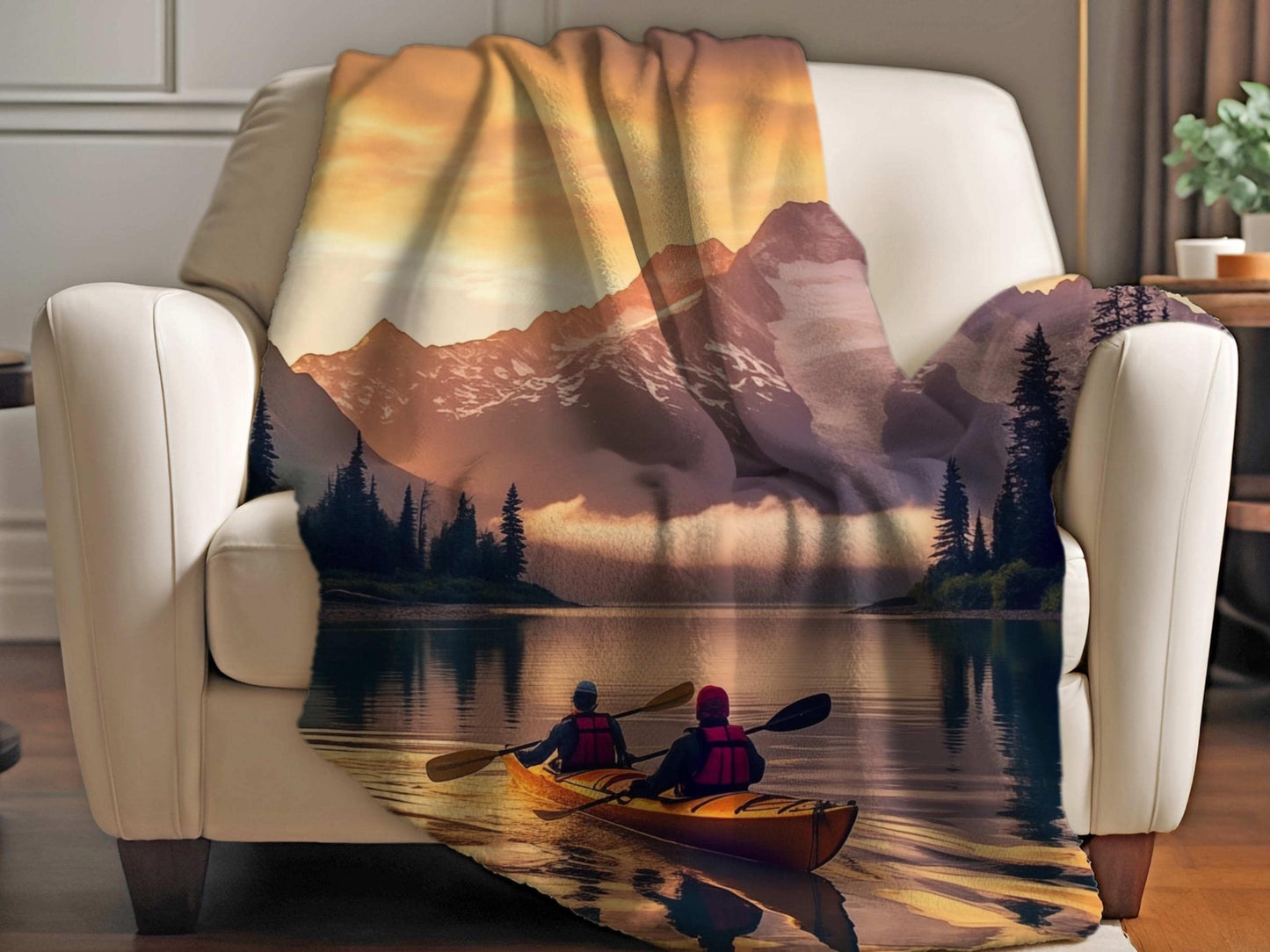 Mountain Sunset Kayaking Sherpa Throw Blanket Scenic Adventure Design