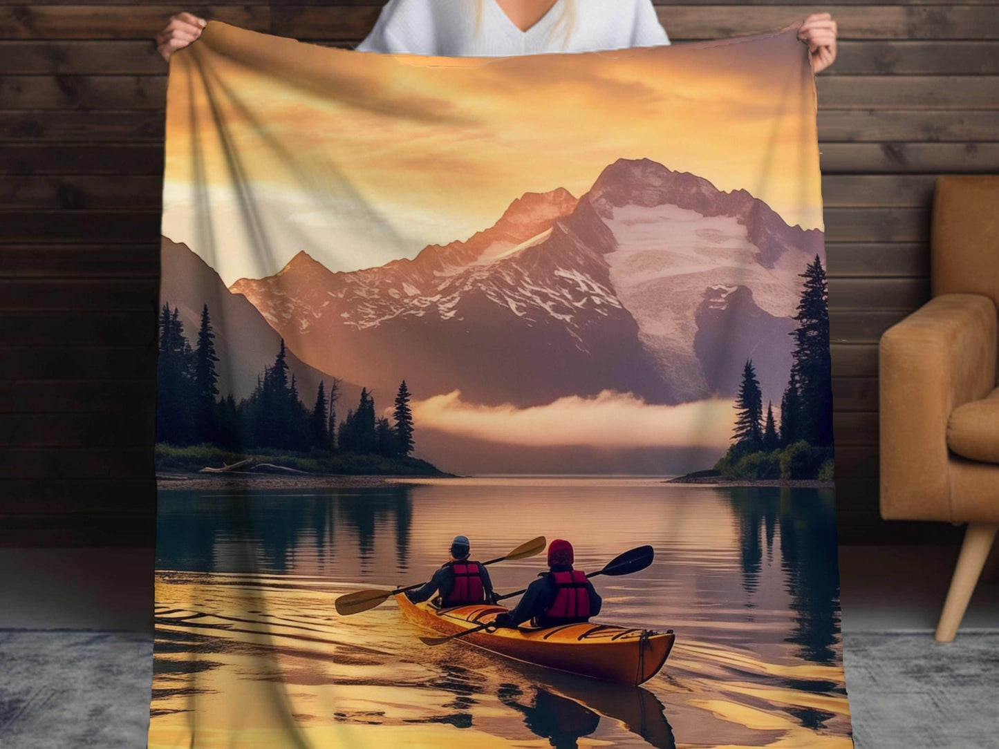 Mountain Sunset Kayaking Sherpa Throw Blanket Scenic Adventure Design