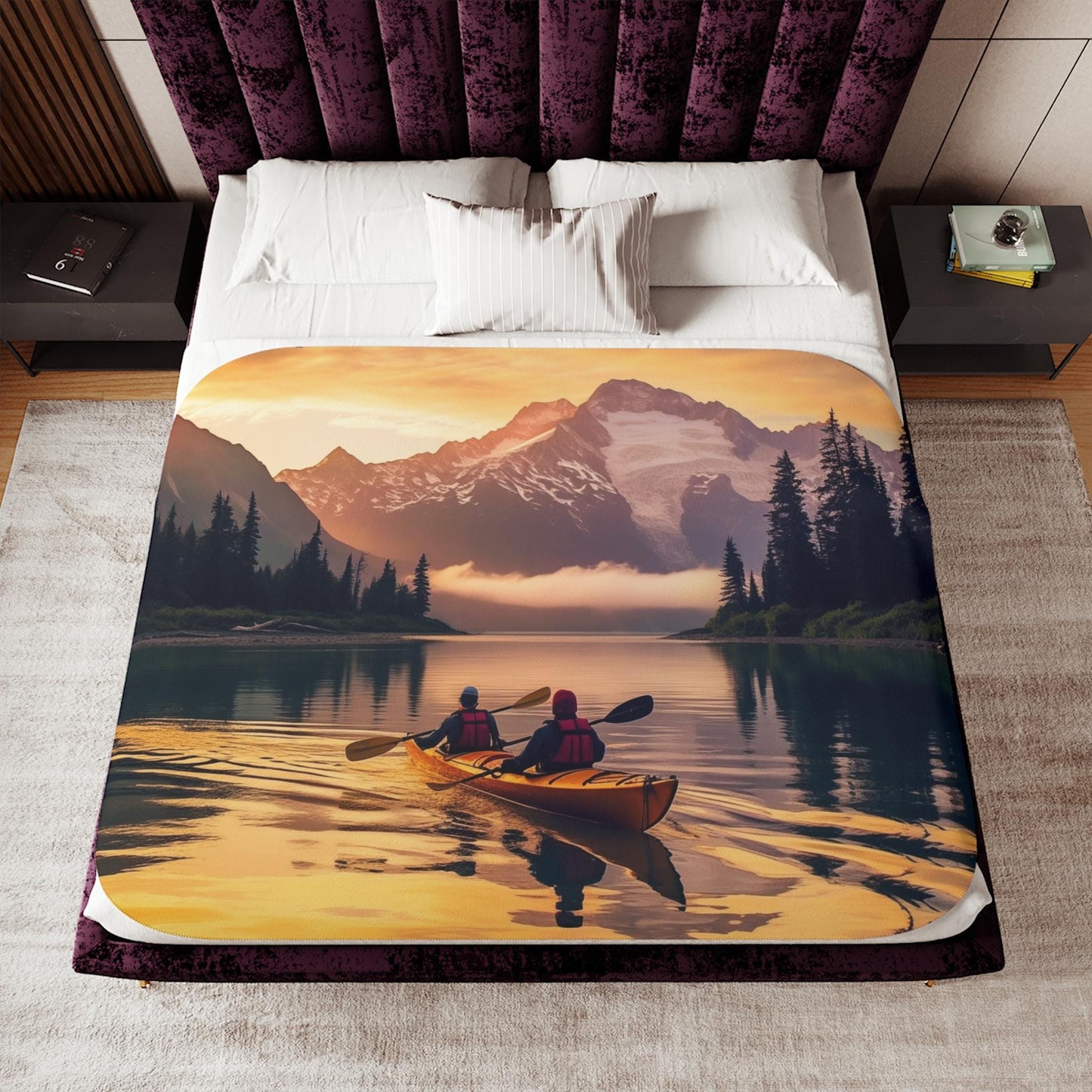 Mountain Sunset Kayaking Sherpa Throw Blanket Scenic Adventure Design