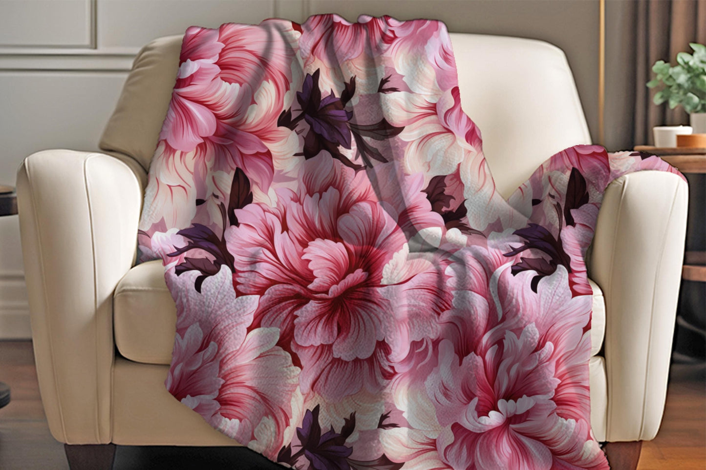 Pink Peony Sherpa Throw Blanket Large Floral Pattern