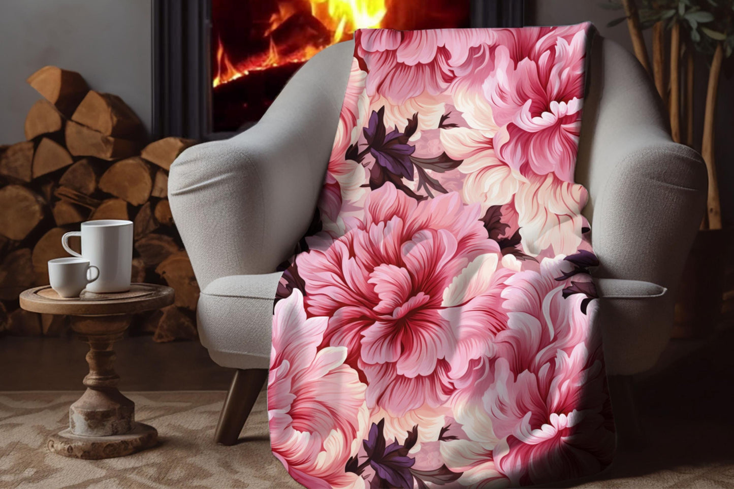 Pink Peony Sherpa Throw Blanket Large Floral Pattern