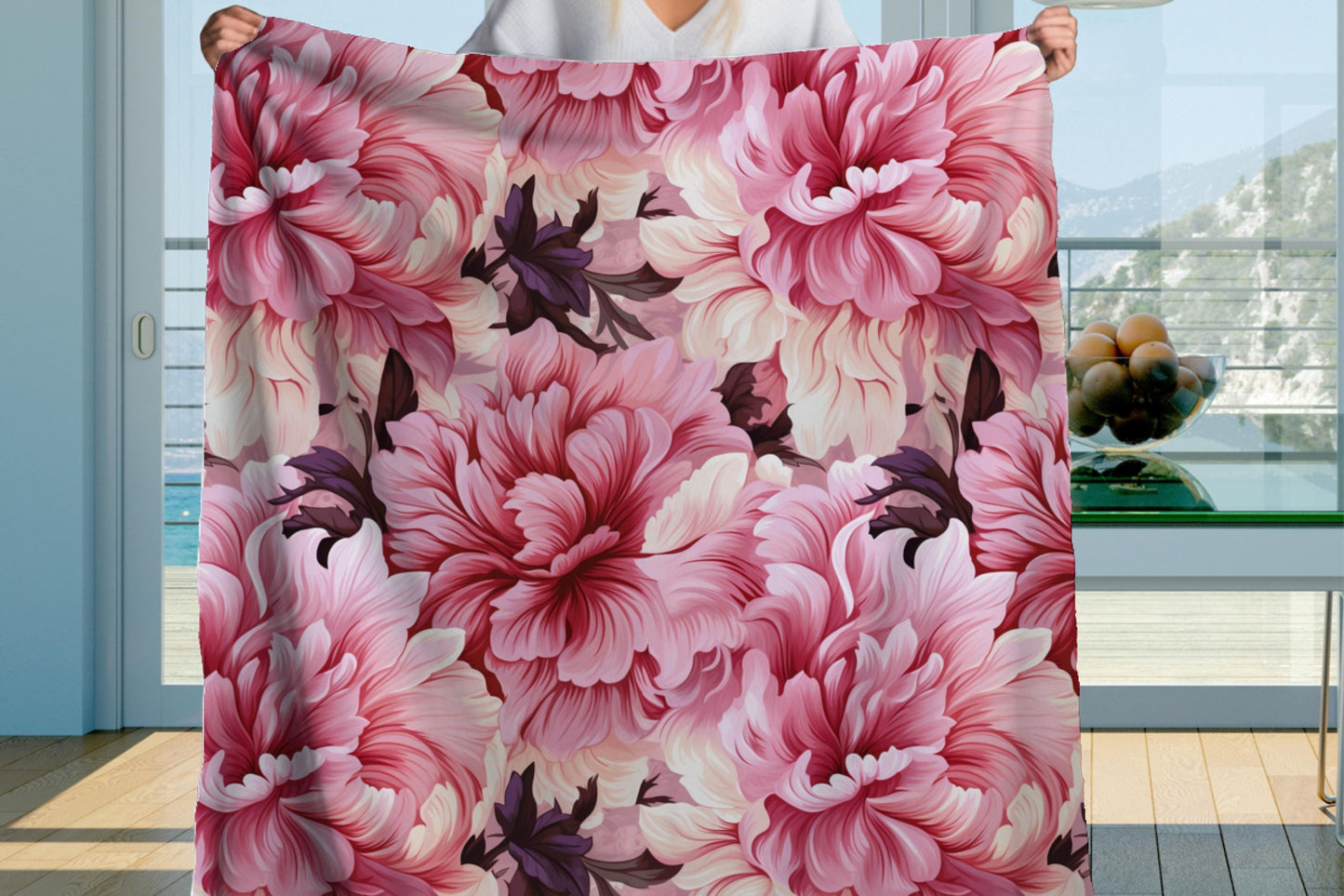 Pink Peony Sherpa Throw Blanket Large Floral Pattern