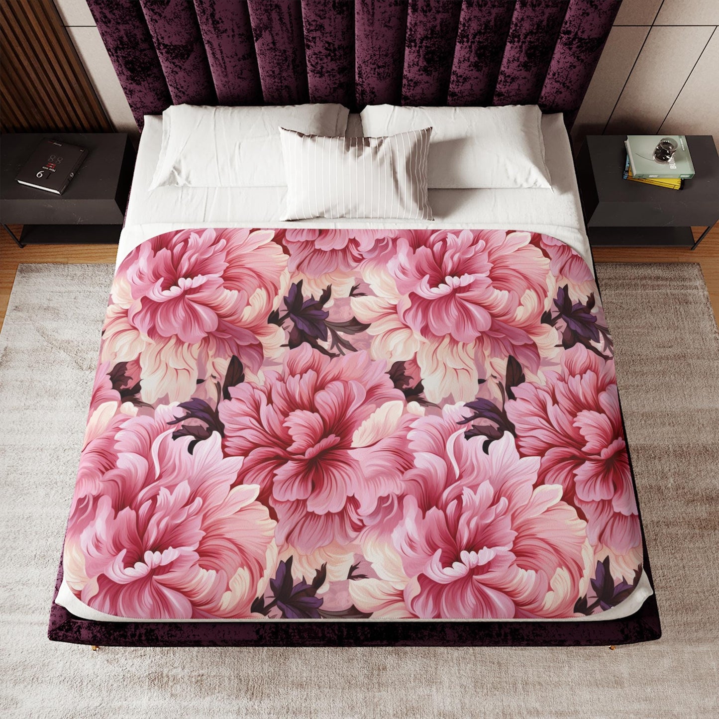 Pink Peony Sherpa Throw Blanket Large Floral Pattern