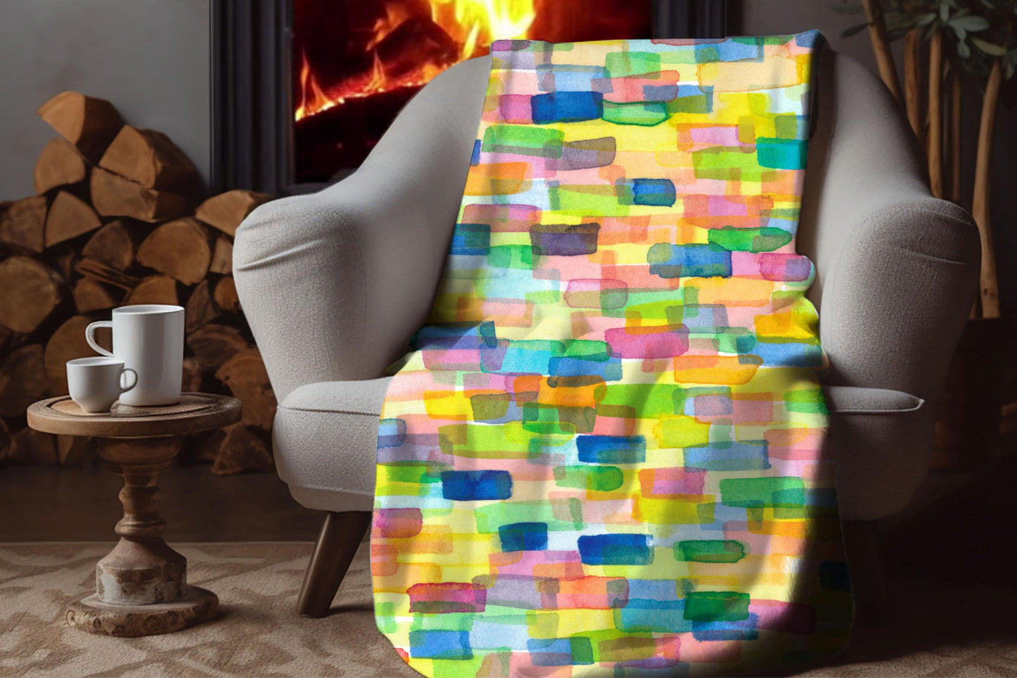 Colorful Watercolor Abstract Sherpa Throw Blanket Vibrant Art Design