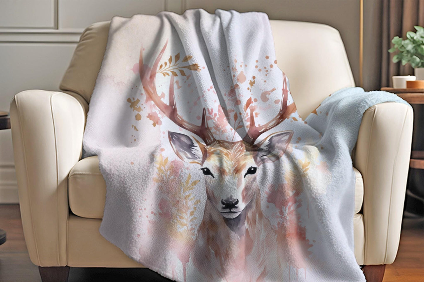 Pink Watercolor Deer Antler Sherpa Throw Blanket Rustic Woodland Art