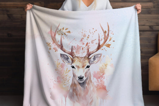 Pink Watercolor Deer Antler Sherpa Throw Blanket Rustic Woodland Art