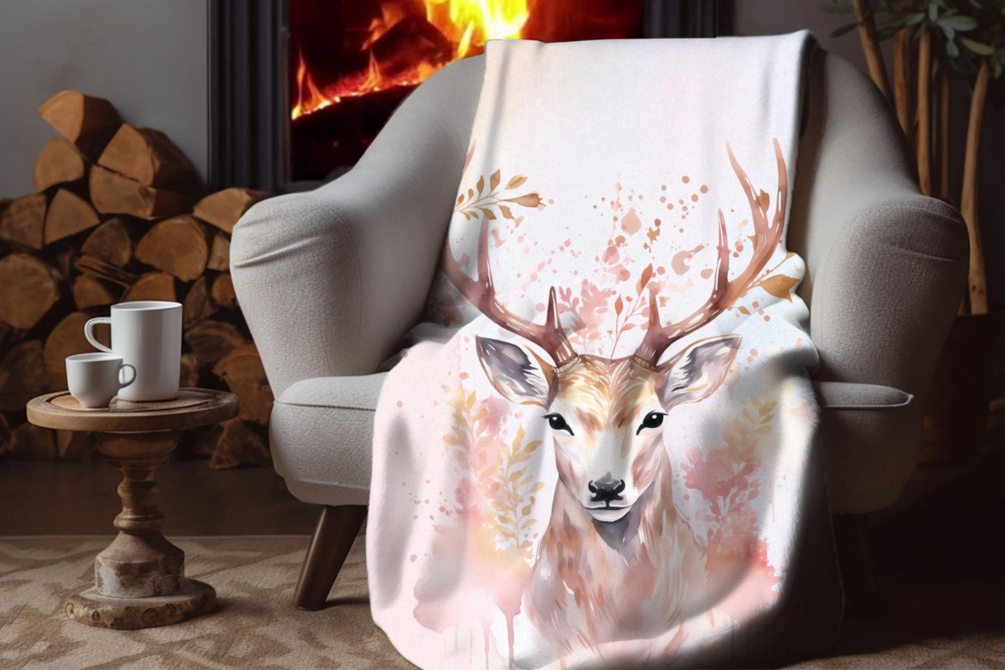 Pink Watercolor Deer Antler Sherpa Throw Blanket Rustic Woodland Art