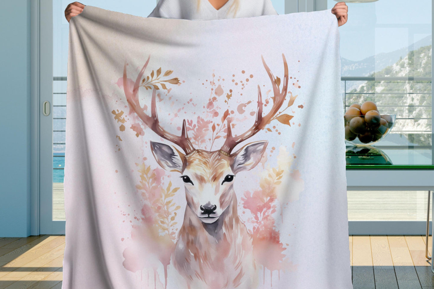 Pink Watercolor Deer Antler Sherpa Throw Blanket Rustic Woodland Art