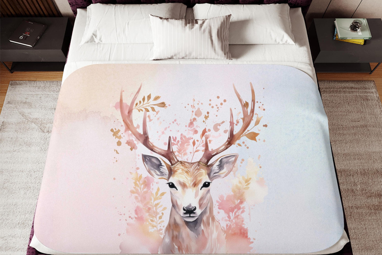 Pink Watercolor Deer Antler Sherpa Throw Blanket Rustic Woodland Art