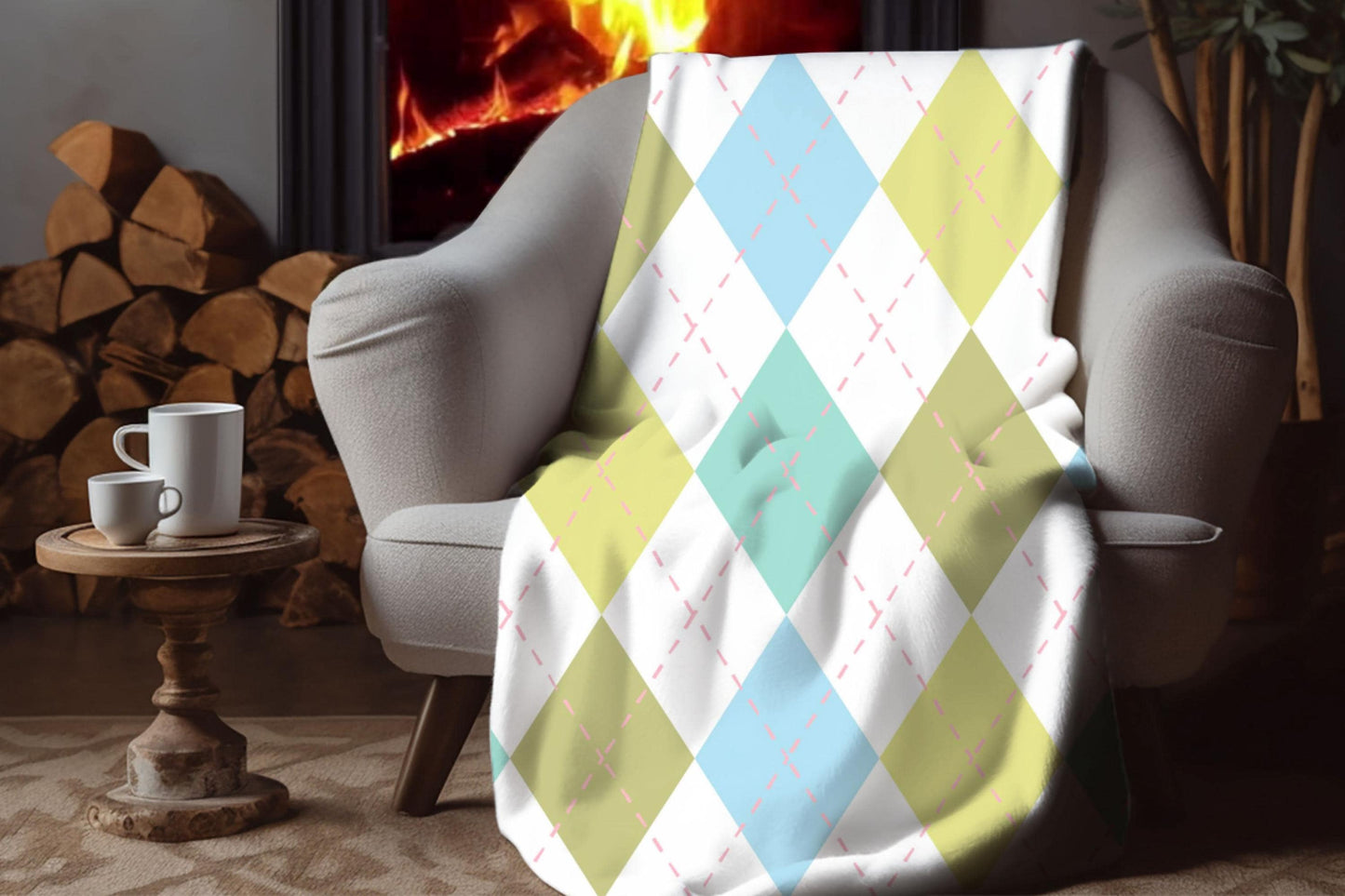 Pastel Argyle Pattern Sherpa Throw Blanket Cozy Retro Design