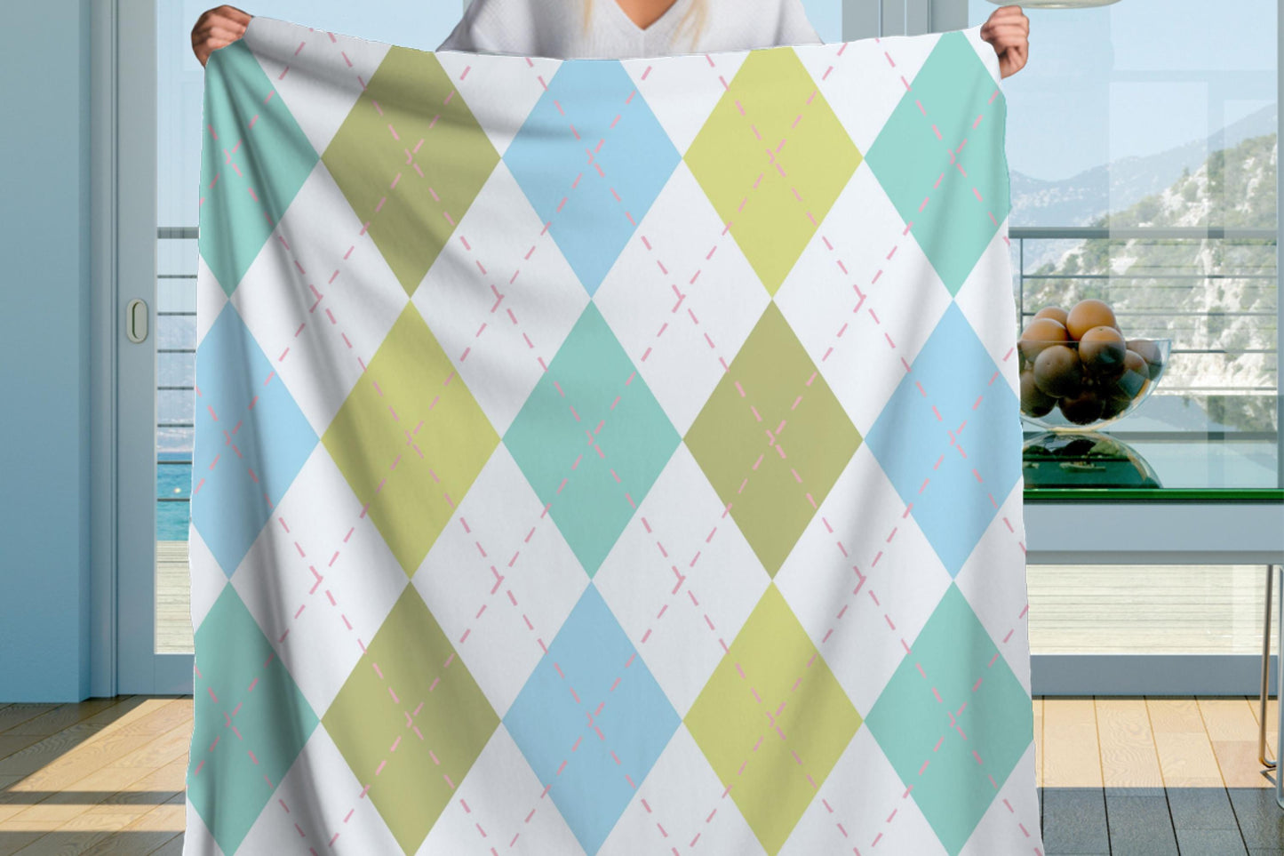 Pastel Argyle Pattern Sherpa Throw Blanket Cozy Retro Design