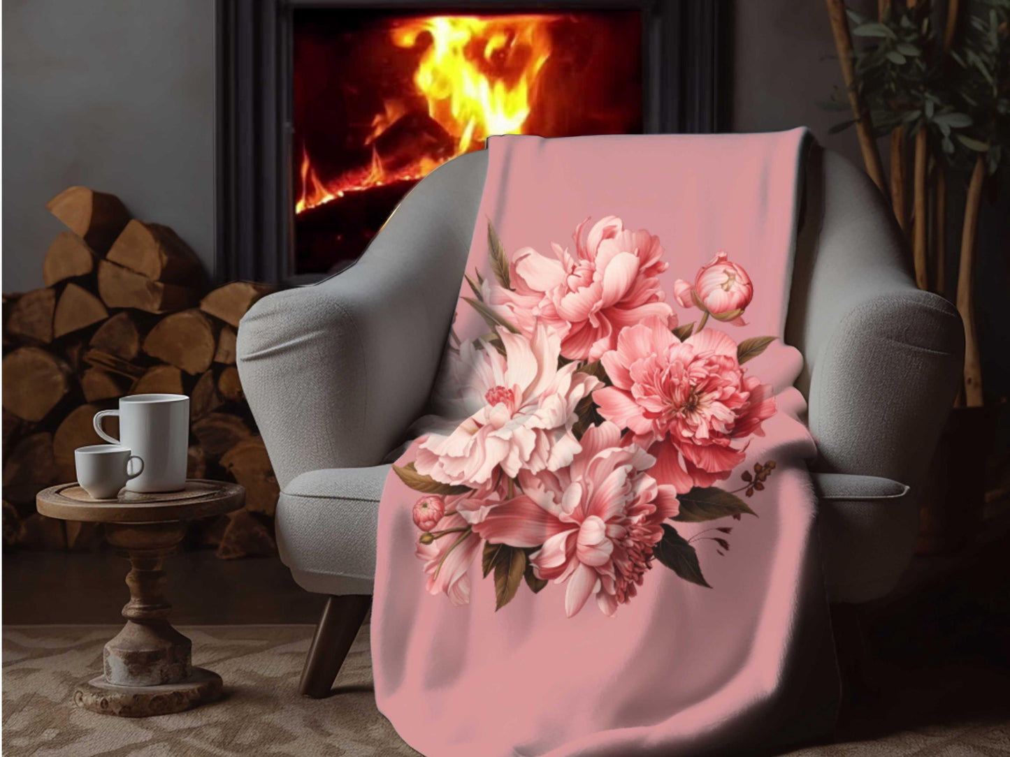 Pink Floral Peony Sherpa Throw Blanket Vintage Botanical Design