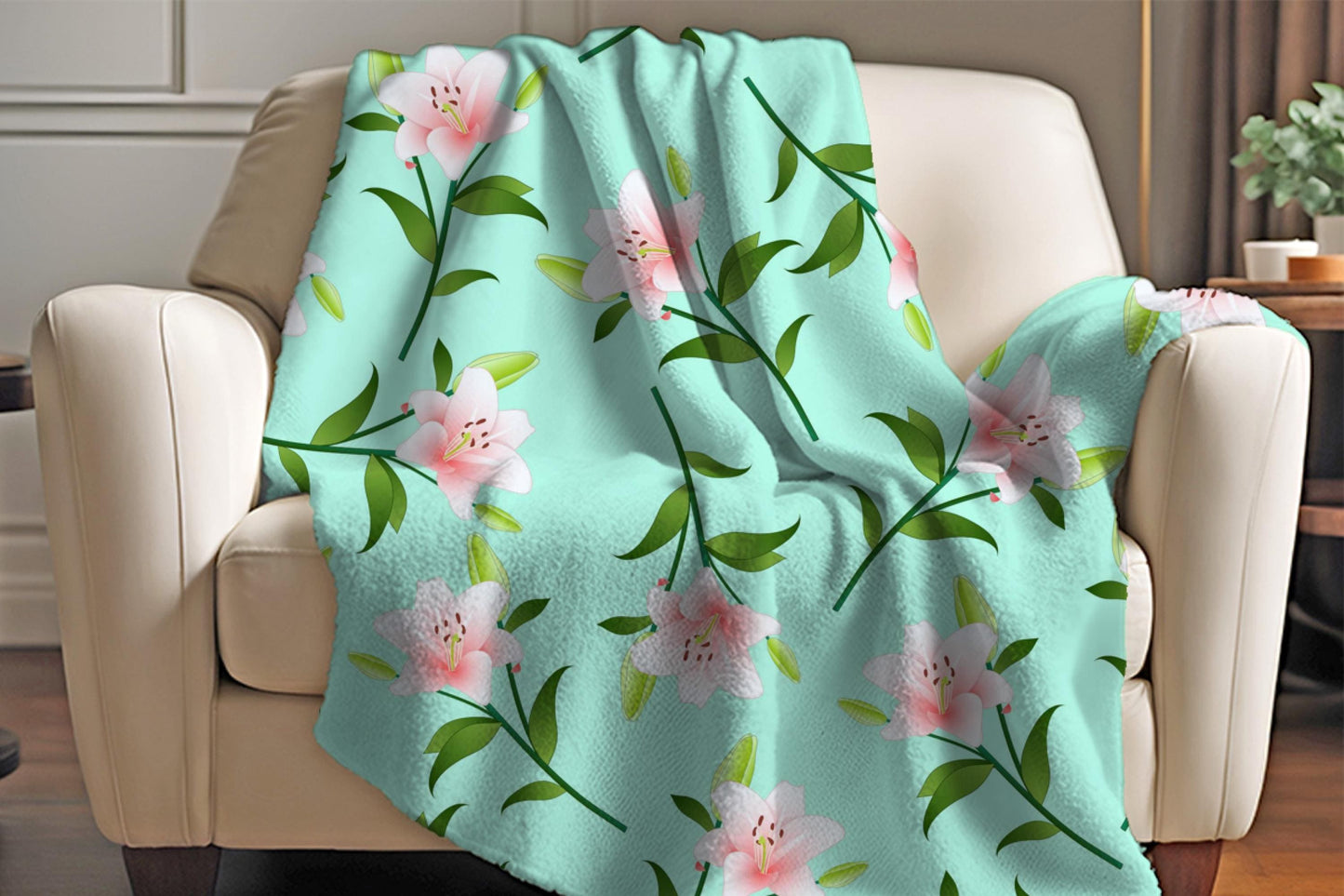 Pink Lily Floral Sherpa Throw Blanket Mint Green Cozy Spring Decor