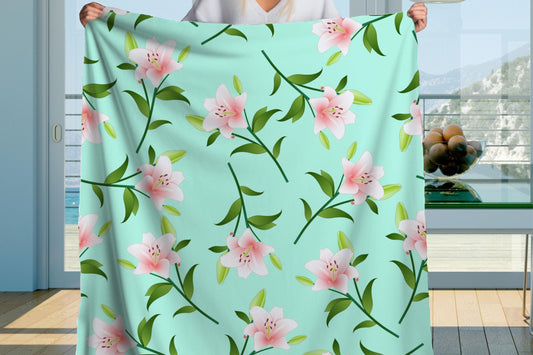 Pink Lily Floral Sherpa Throw Blanket Mint Green Cozy Spring Decor