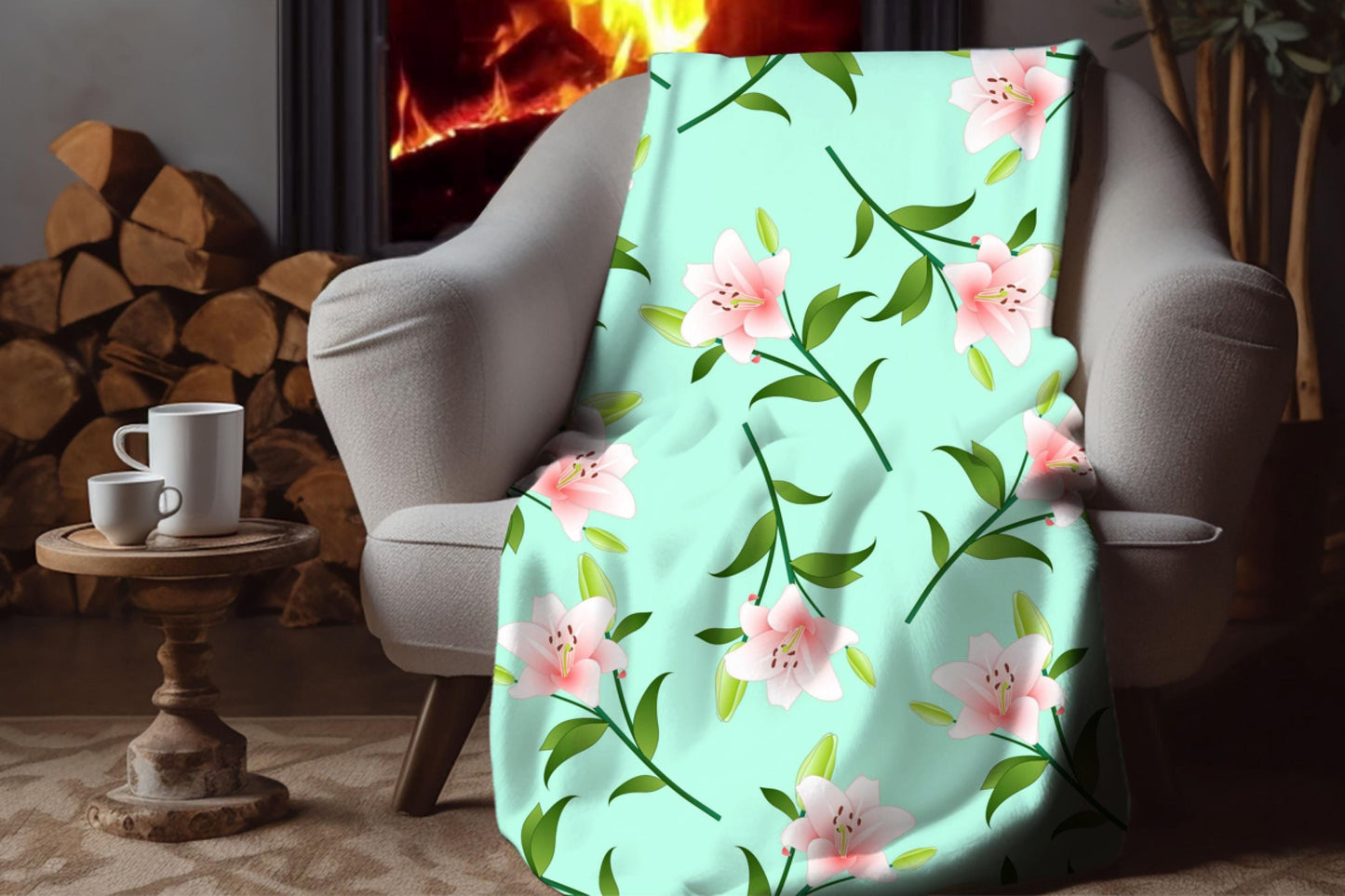 Pink Lily Floral Sherpa Throw Blanket Mint Green Cozy Spring Decor
