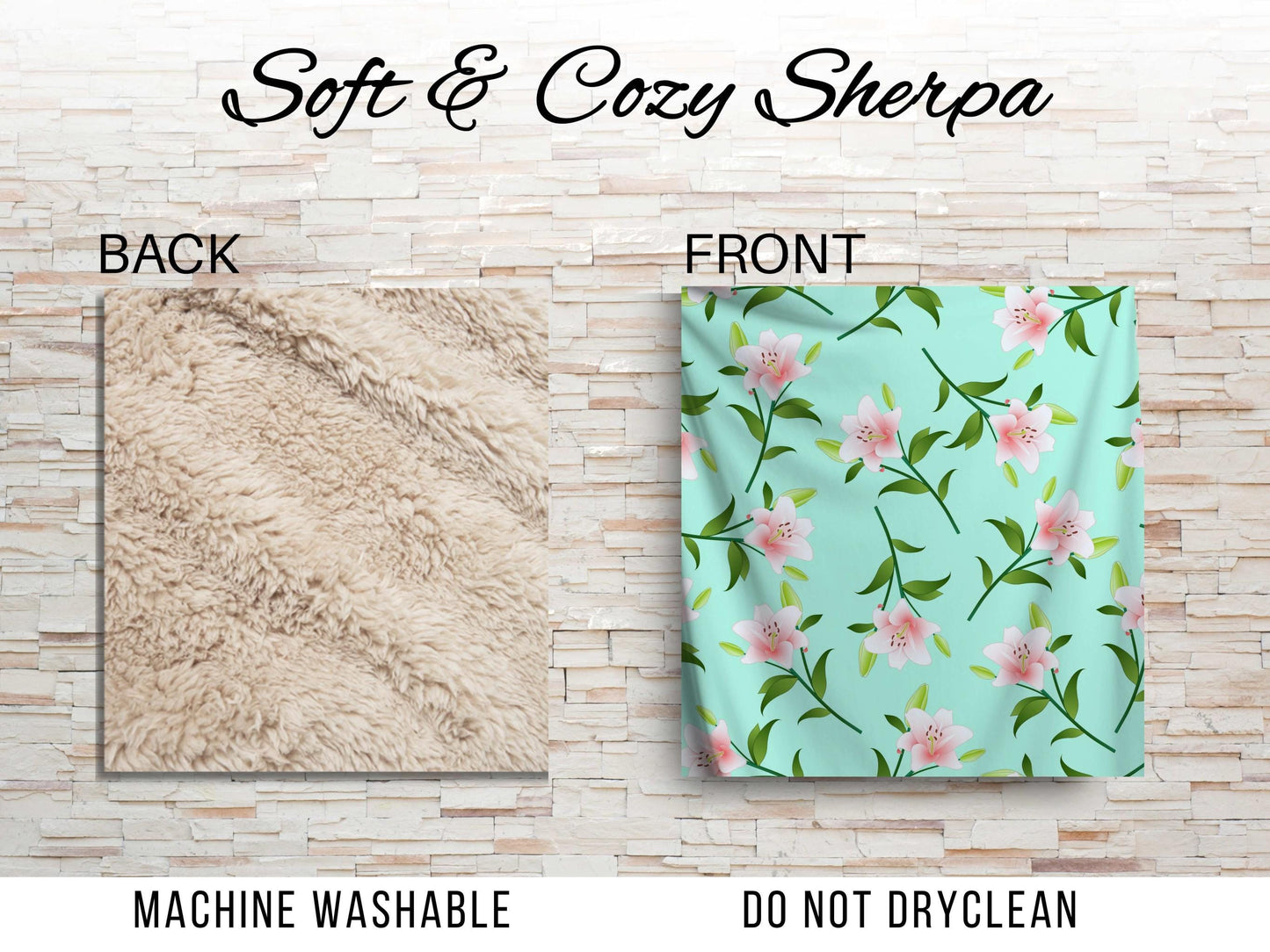 Pink Lily Floral Sherpa Throw Blanket Mint Green Cozy Spring Decor