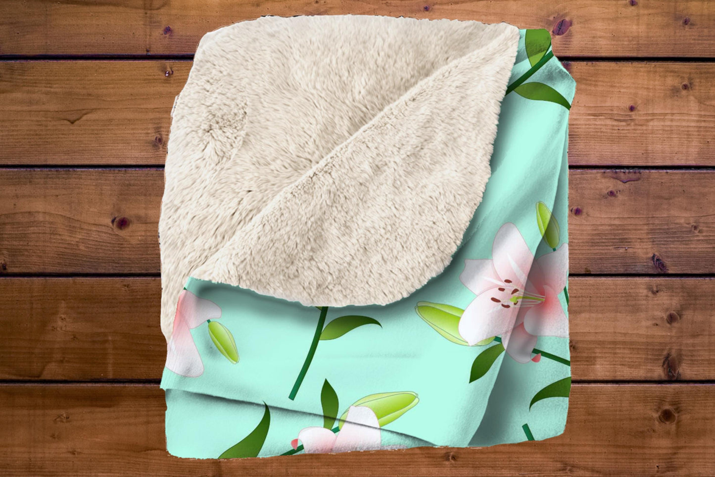 Pink Lily Floral Sherpa Throw Blanket Mint Green Cozy Spring Decor