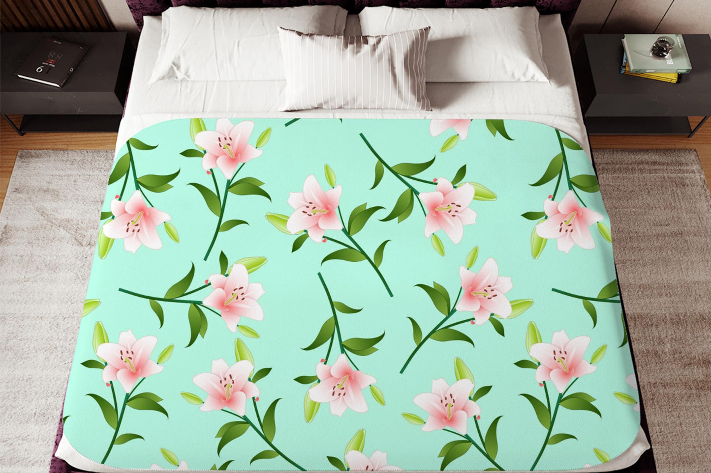 Pink Lily Floral Sherpa Throw Blanket Mint Green Cozy Spring Decor