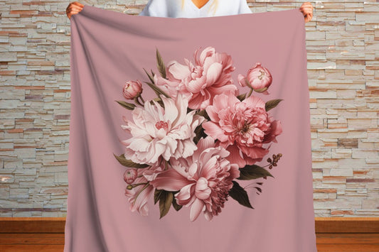 Pink Floral Peony Sherpa Throw Blanket Vintage Botanical Design