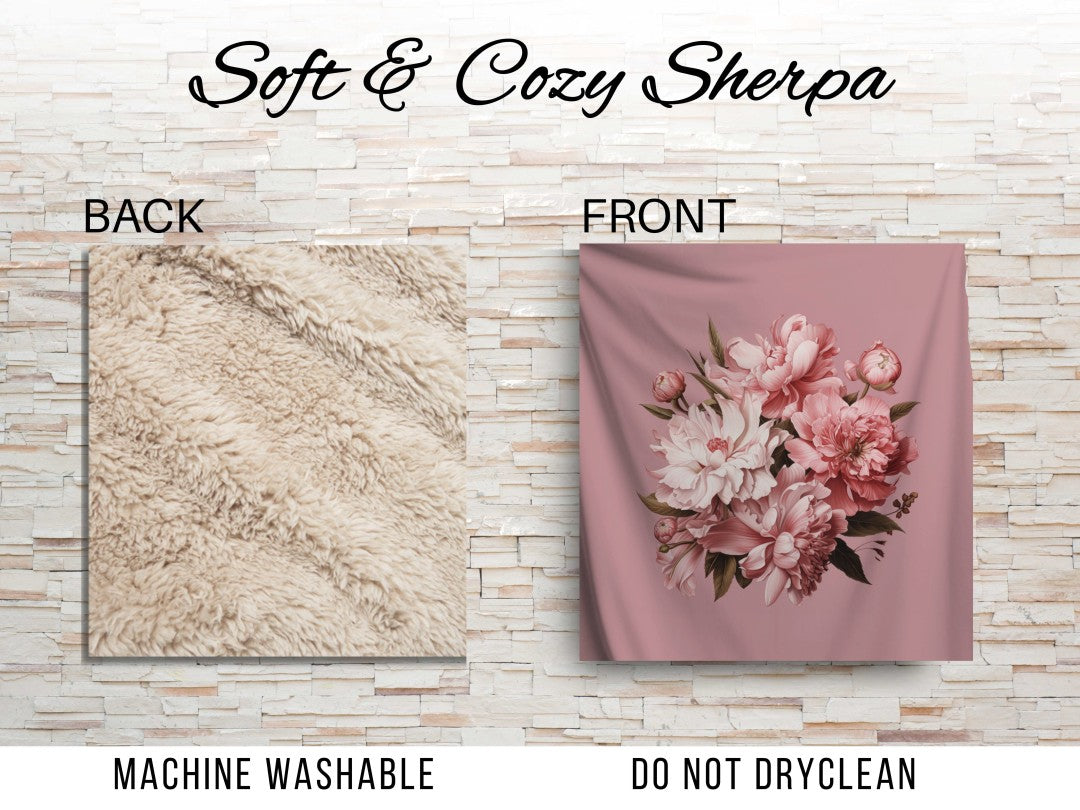 Pink Floral Peony Sherpa Throw Blanket Vintage Botanical Design