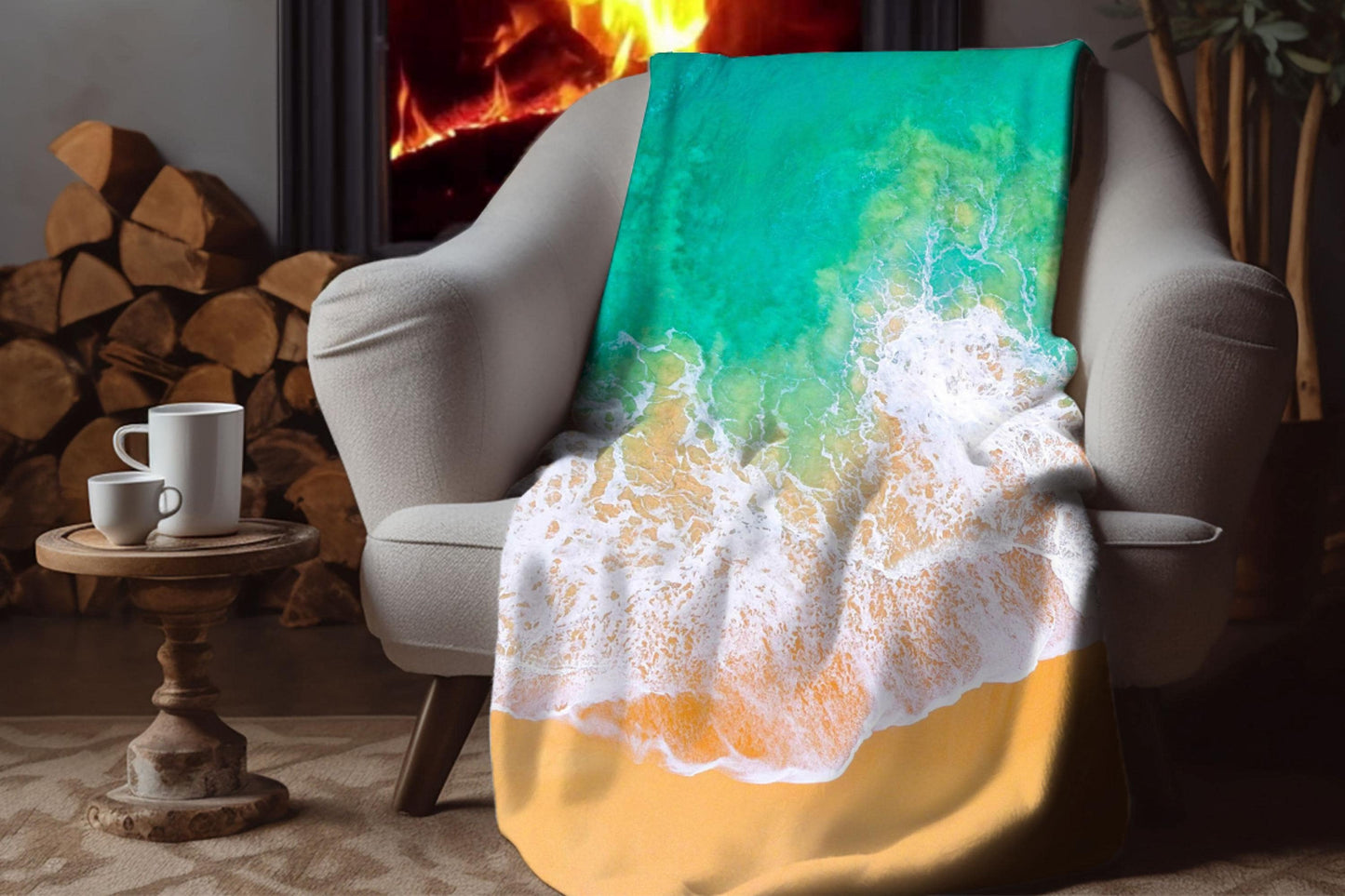Beach Ocean Wave Sherpa Throw Blanket Coastal Seaside Design