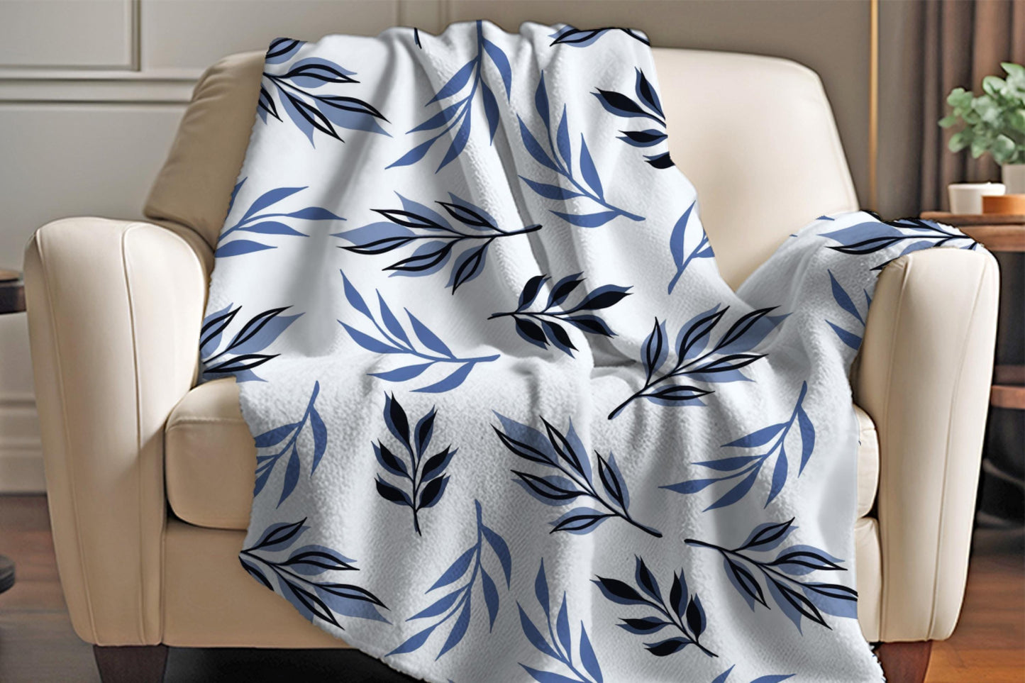 Blue Black Botanical Sherpa Throw Blanket Modern Leaf Pattern