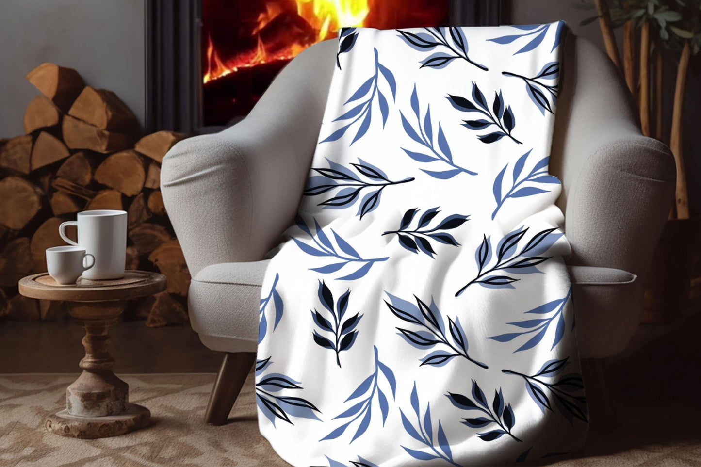 Blue Black Botanical Sherpa Throw Blanket Modern Leaf Pattern