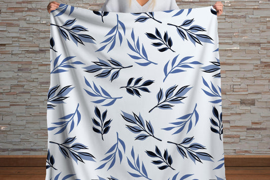 Blue Black Botanical Sherpa Throw Blanket Modern Leaf Pattern