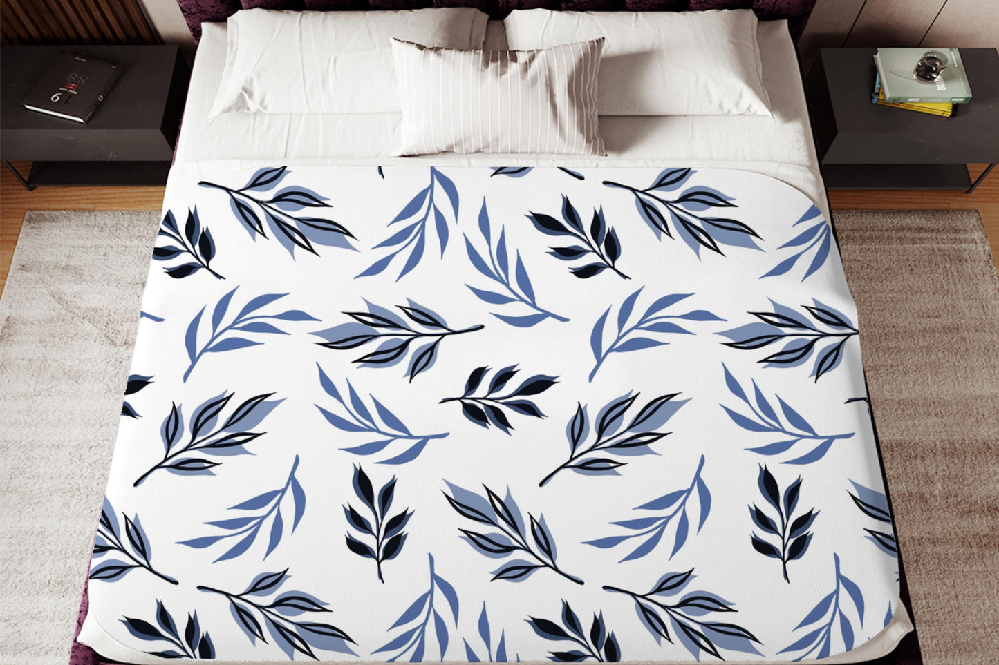 Blue Black Botanical Sherpa Throw Blanket Modern Leaf Pattern