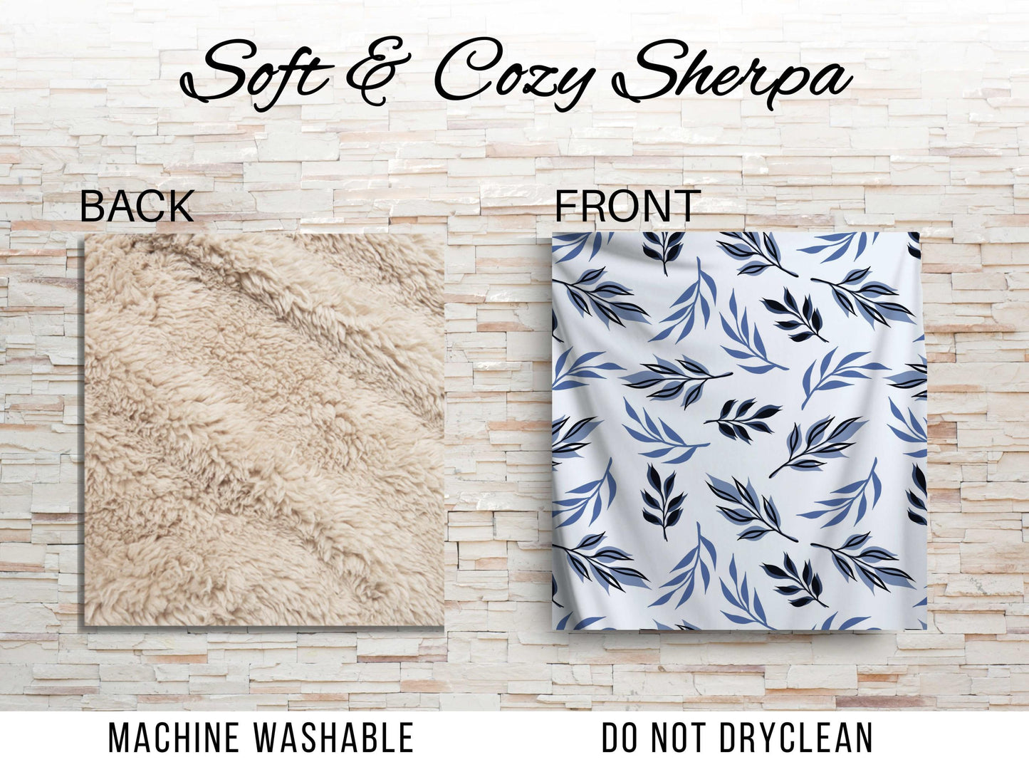 Blue Black Botanical Sherpa Throw Blanket Modern Leaf Pattern