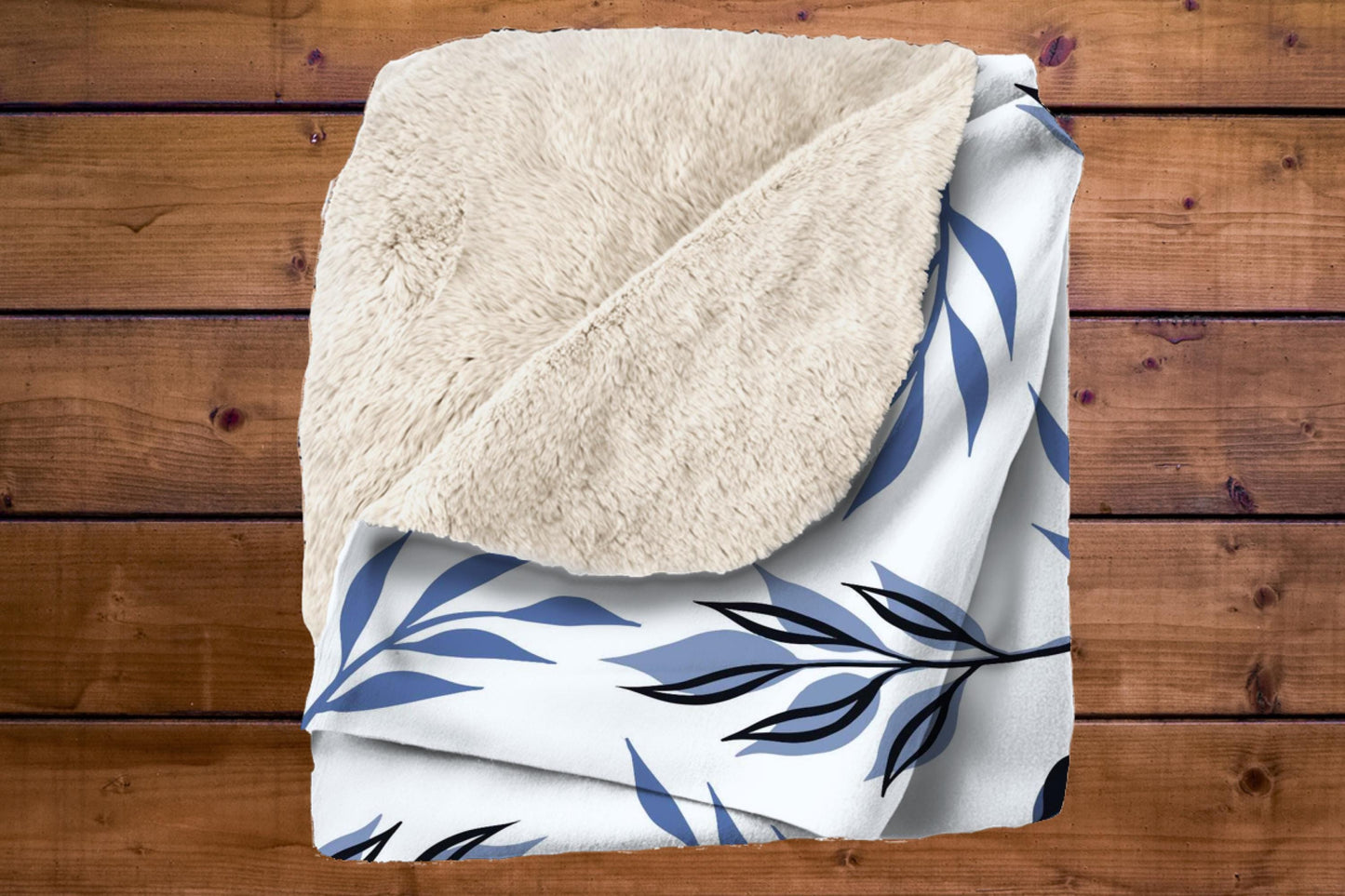 Blue Black Botanical Sherpa Throw Blanket Modern Leaf Pattern