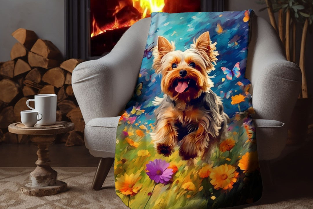 Yorkie Dog Butterfly Sherpa Blanket Colorful Fantasy Art Throw