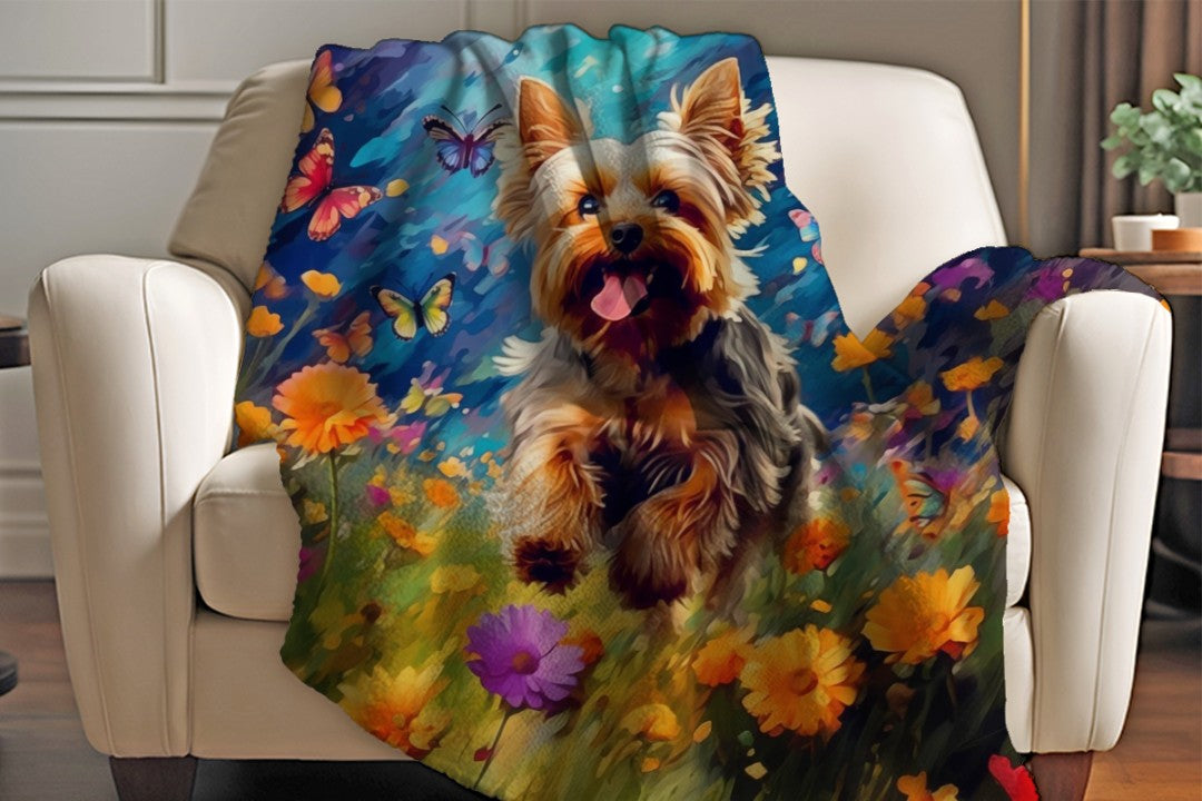Yorkie Dog Butterfly Sherpa Blanket Colorful Fantasy Art Throw