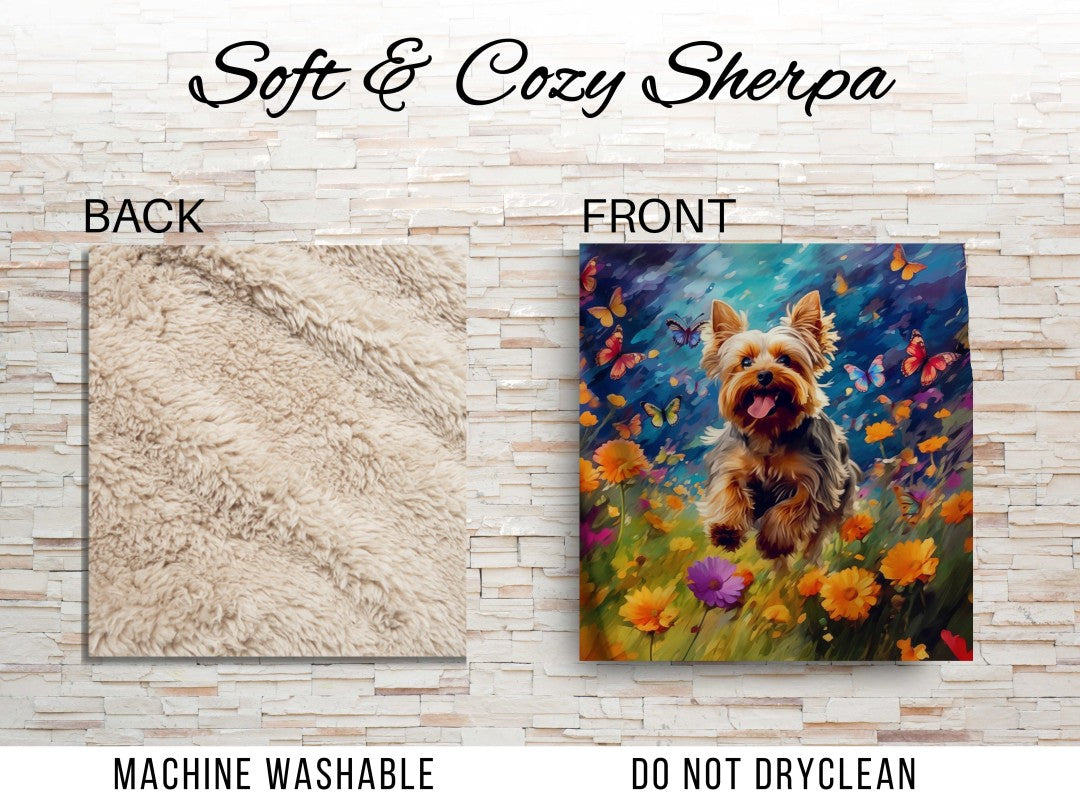 Yorkie Dog Butterfly Sherpa Blanket Colorful Fantasy Art Throw