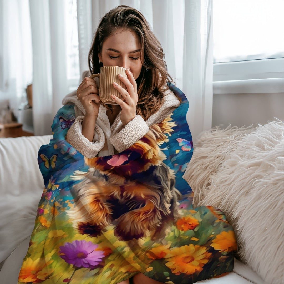 Yorkie Dog Butterfly Sherpa Blanket Colorful Fantasy Art Throw