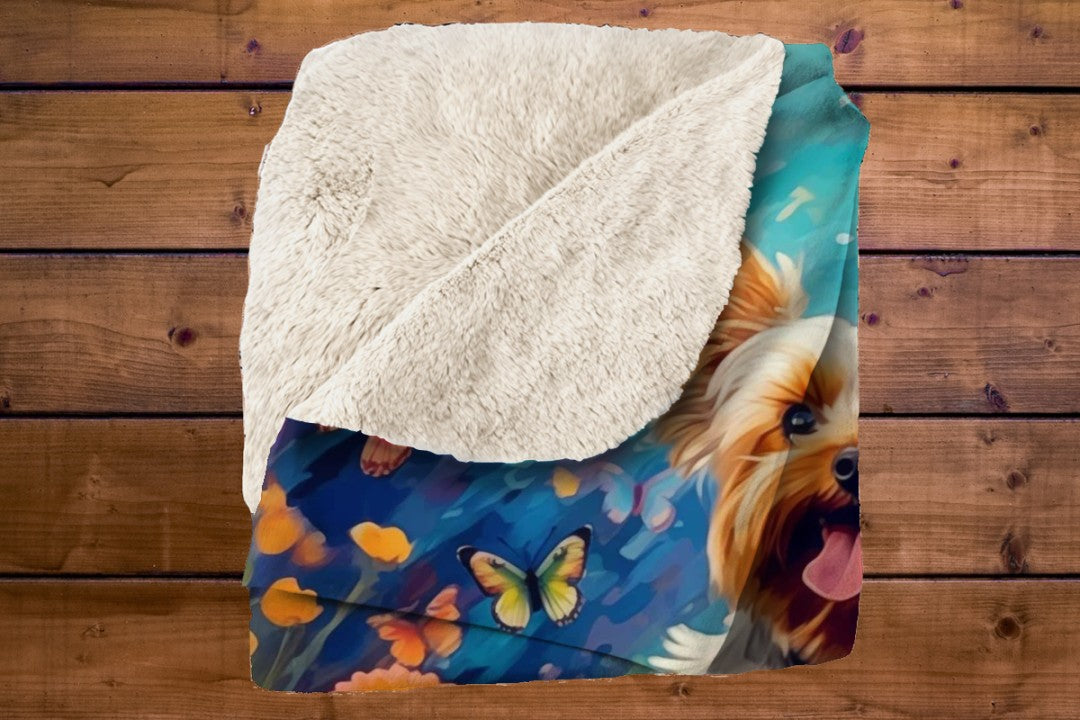 Yorkie Dog Butterfly Sherpa Blanket Colorful Fantasy Art Throw