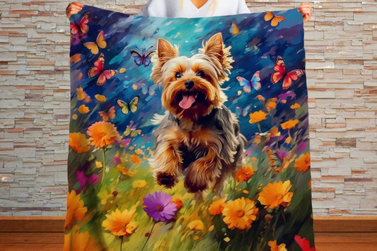 Yorkie Dog Butterfly Sherpa Blanket Colorful Fantasy Art Throw