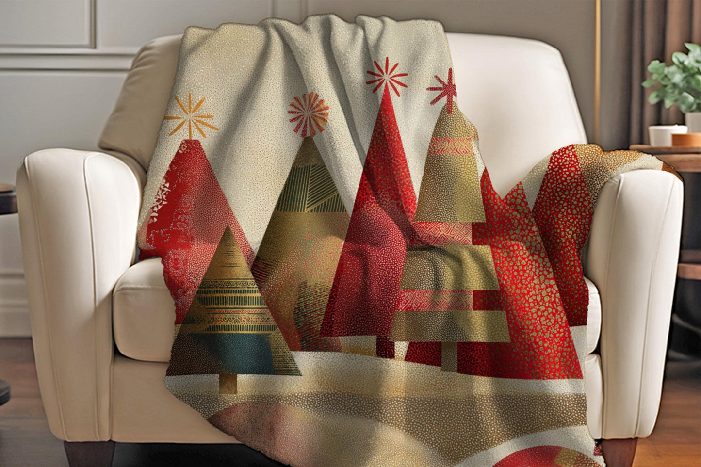Modern Christmas Trees Sherpa Throw Blanket Modern Holiday Design in Red and Gold