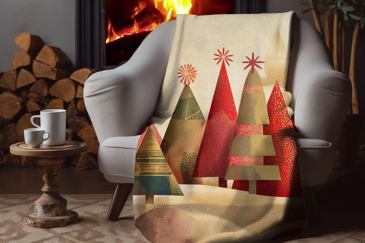Modern Christmas Trees Sherpa Throw Blanket Modern Holiday Design in Red and Gold