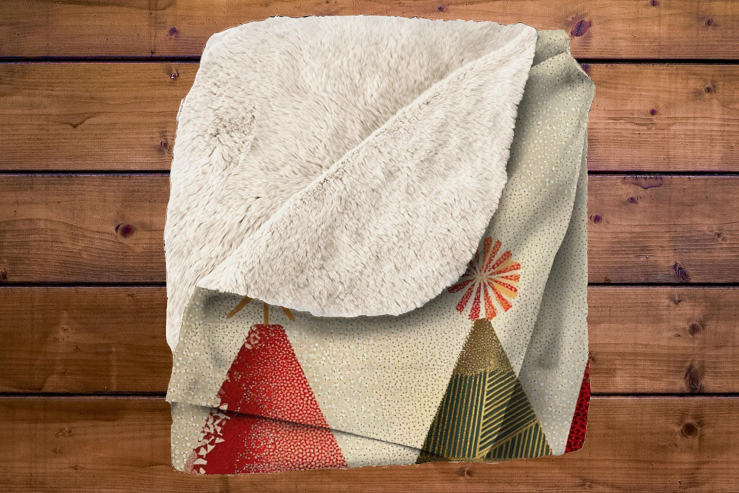 Modern Christmas Trees Sherpa Throw Blanket Modern Holiday Design in Red and Gold