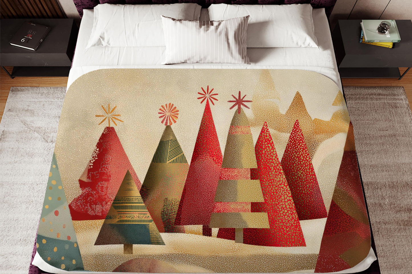 Modern Christmas Trees Sherpa Throw Blanket Modern Holiday Design in Red and Gold