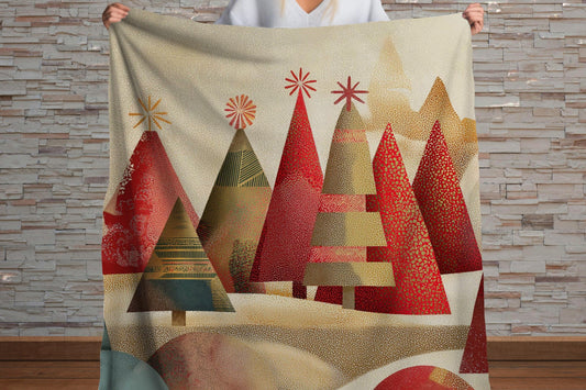 Modern Christmas Trees Sherpa Throw Blanket Modern Holiday Design in Red and Gold