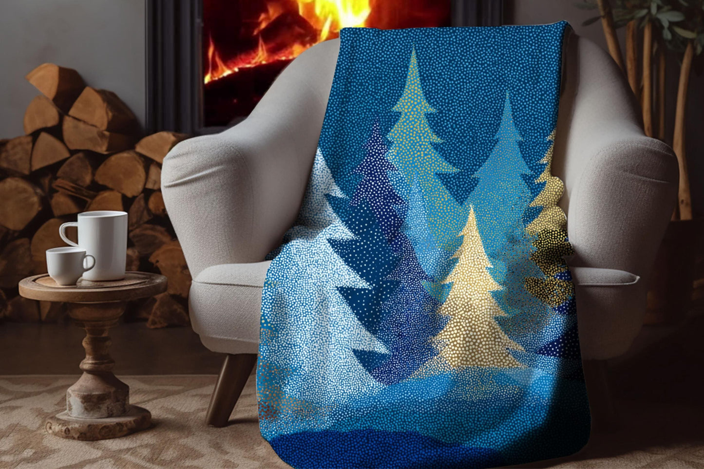 Blue Winter Forest Sherpa Throw Blanket Cozy Snowy Tree Design