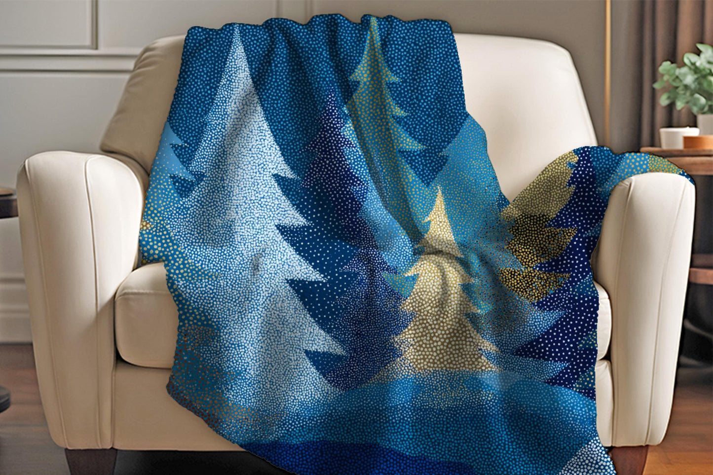 Blue Winter Forest Sherpa Throw Blanket Cozy Snowy Tree Design