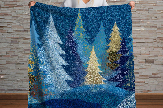 Blue Winter Forest Sherpa Throw Blanket Cozy Snowy Tree Design