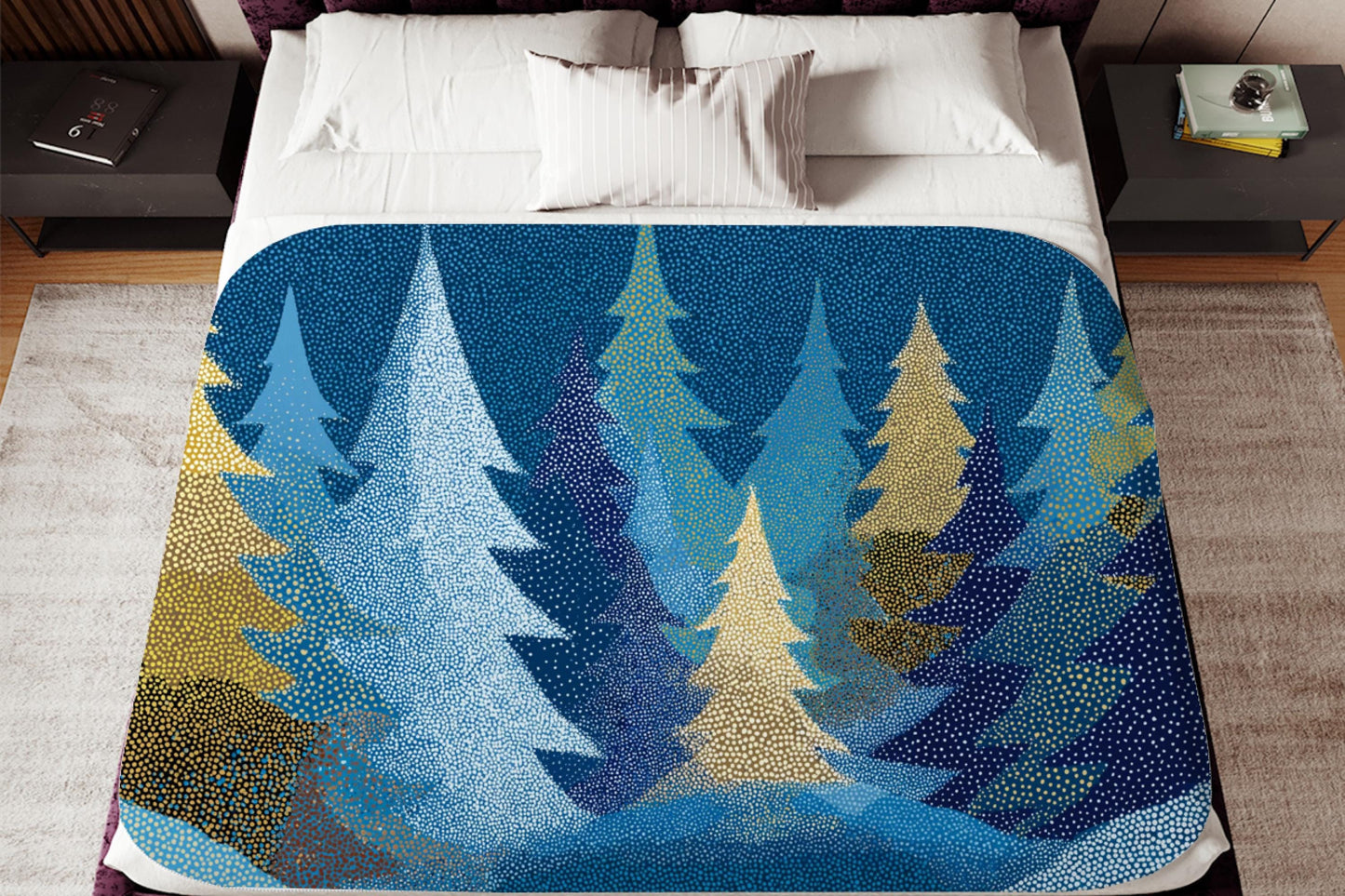 Blue Winter Forest Sherpa Throw Blanket Cozy Snowy Tree Design